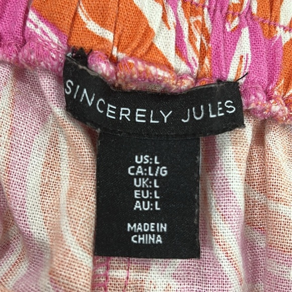Sincerely Jules Linen Blend Tropical Pink Orange Pull On Elastic Waist Pants L - Picture 7 of 8